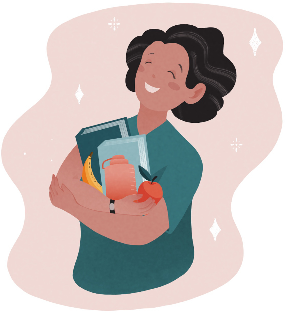 Illustration of a vet tech holding health goods like fruit, water, and books, for an article on healthy living.